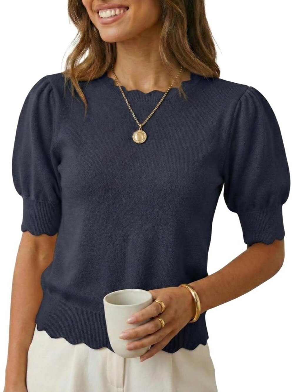 Women's Navy Blue Short Sleeve Crew Neck Pull On Imported Casual Sweater